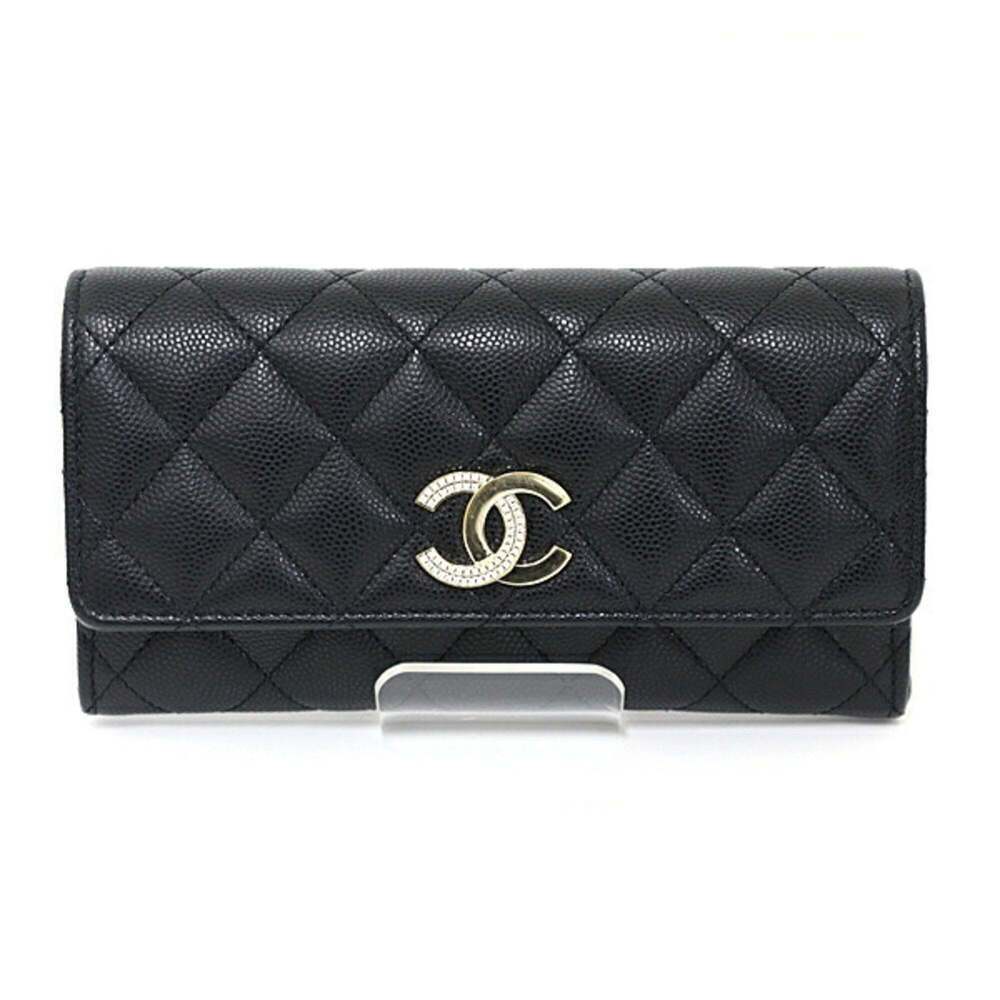 CHANEL Authentic Black Caviar Leather Logo Wallet